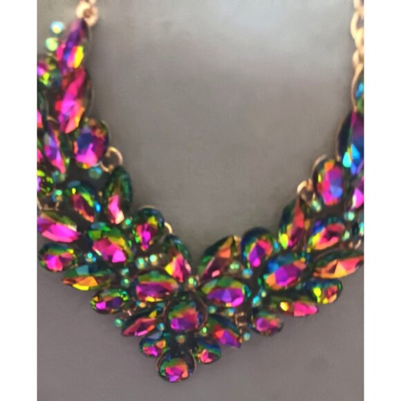 Rainbow Acrylic Crystal Statement Necklace With Gold-Tone Chain - Picture 2 of 2